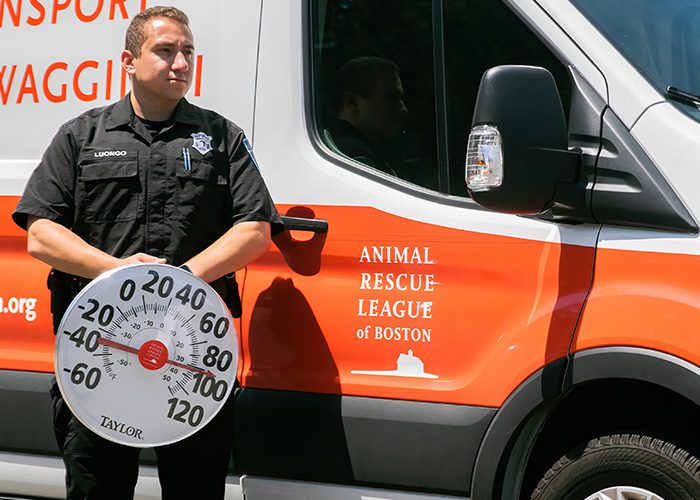 ARL Law Enforcement Officer Paul Luongo holding the thermometer, which reach approximately 90 degrees.
