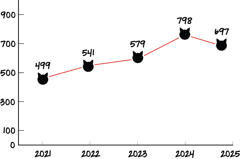 community cat adoptions from 2021-2025 graph
