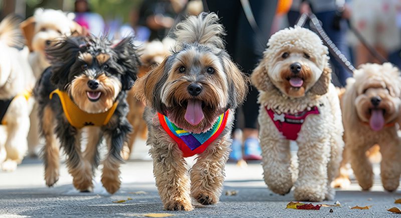 A group of small dogs on leashes walking down the street with people behind them