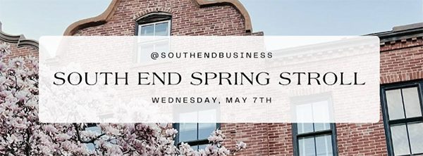 close up of buildings with a tree in the background. Text displayed says "South End Spring Stroll"