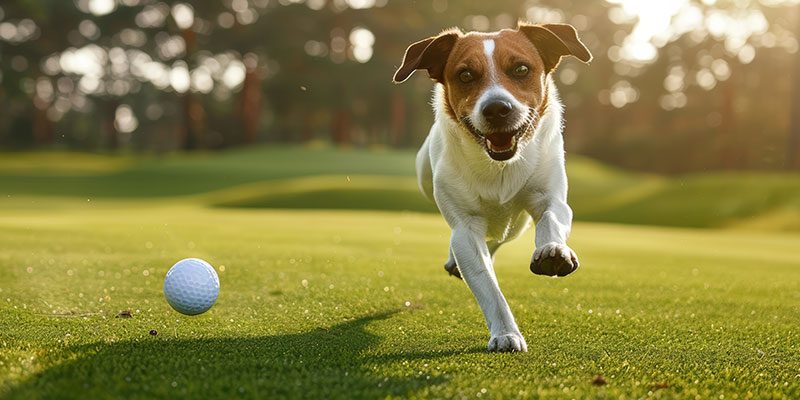 A small mixed breed dog running on a sunny gold course. A white golf ball is shown to the left of the dog in mid-air.