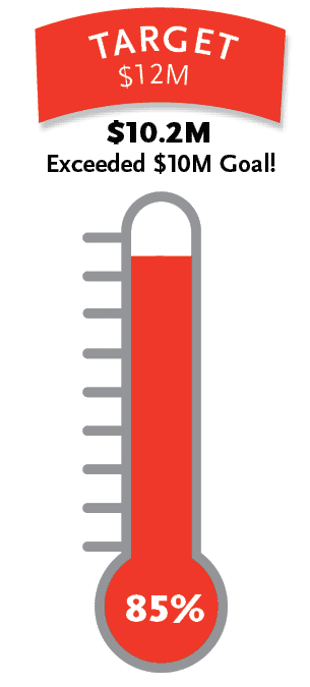A graphic of a thermometer showing 85% raised with text "TARGET 12M, $10.2M exceeded $10M Goal!"