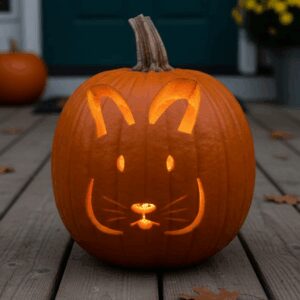 a pumpkin outside with a bunny design carved into it.