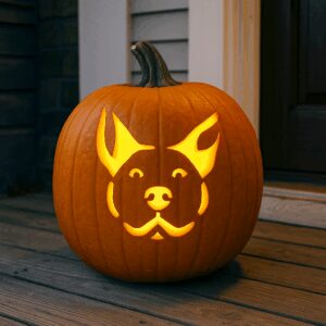 a pumpkin outside with a dog design carved into it.