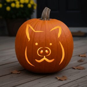 a pumpkin outside with a pig design carved into it.