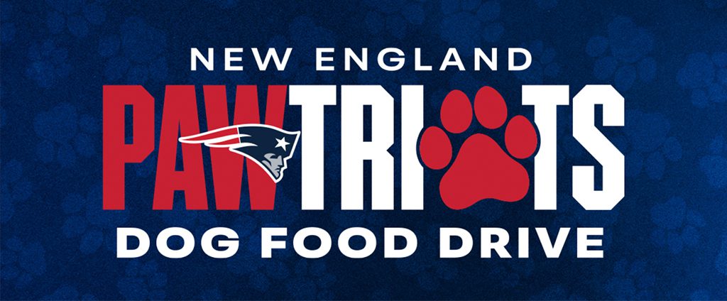 New England "PAWTRIOTS" Dog Food Drive logo features bold letters, a red paw print, and a team helmet on a blue background.