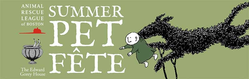 Illustration for the Animal Rescue League of Boston's Summer Pet Fête at The Edward Gorey House. Features a whimsical character and a large, playful cat silhouette on a green background.